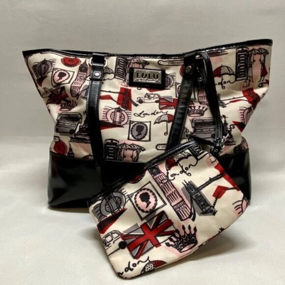 LULU by Lulu Guinness London Hand Bag Purse White Red Black Print Tote & Pouch - Picture 14 of 14